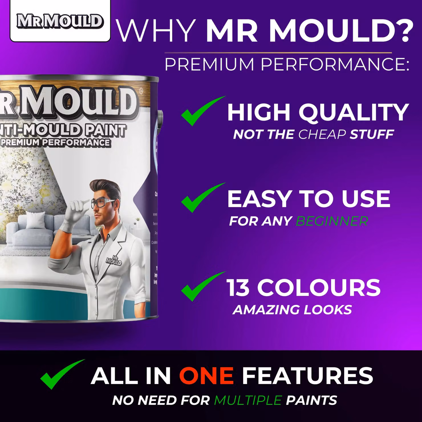 MR MOULD Anti-Mould Paint for Interior Walls and Ceilings, Pale Blue, 5L – 4