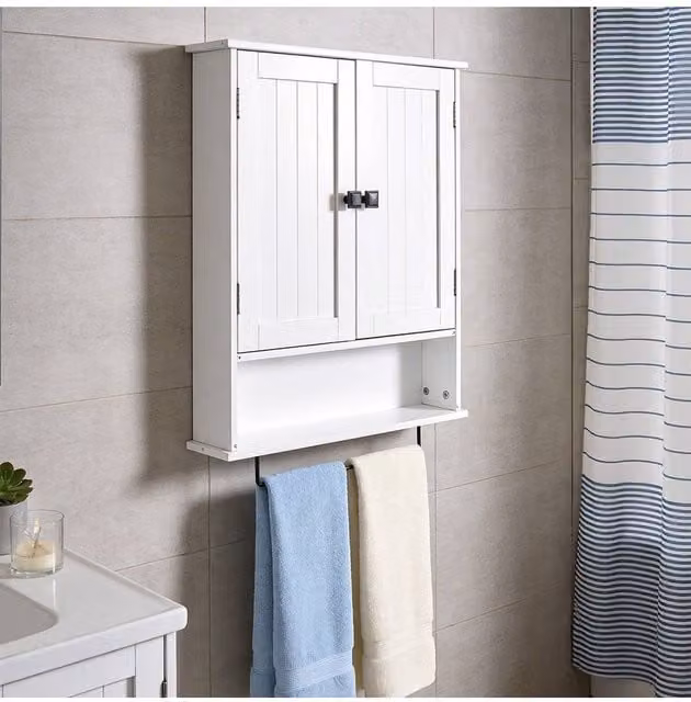Living and Home Wall-Mounted Minimalist Wooden Bathroom Cabinet with Hinged Doors and Internal Shelves in White – 1