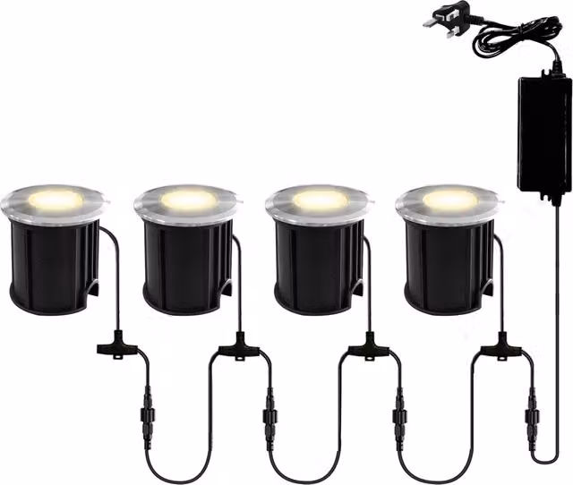 Litecraft Set of 4 Sitka Round LED Outdoor Recessed Deck Lights with Dusk Sensor in Chrome