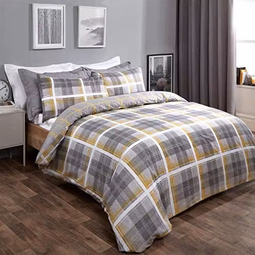 Dreamscene Reversible Checked Duvet Cover and Pillowcase Set in Yellow and White, Single, W/H: 90 x 200 cm – 1