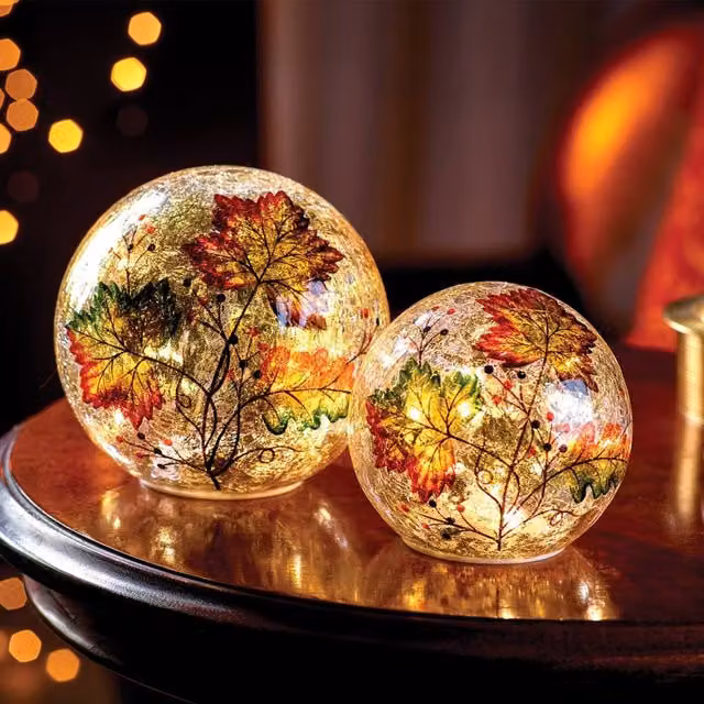 Coopers of Stortford Set of 2 Autumn Floral Crackle Glass LED Tabletop Light Balls in Gold, Green and Multicolour, W/D/H: 15 x 15 x 15 cm