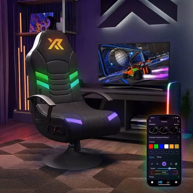 X Rocker Aries RGB 2.1 Stereo Audio Gaming Chair with LED App Control Lights in Black Synthetic Leather