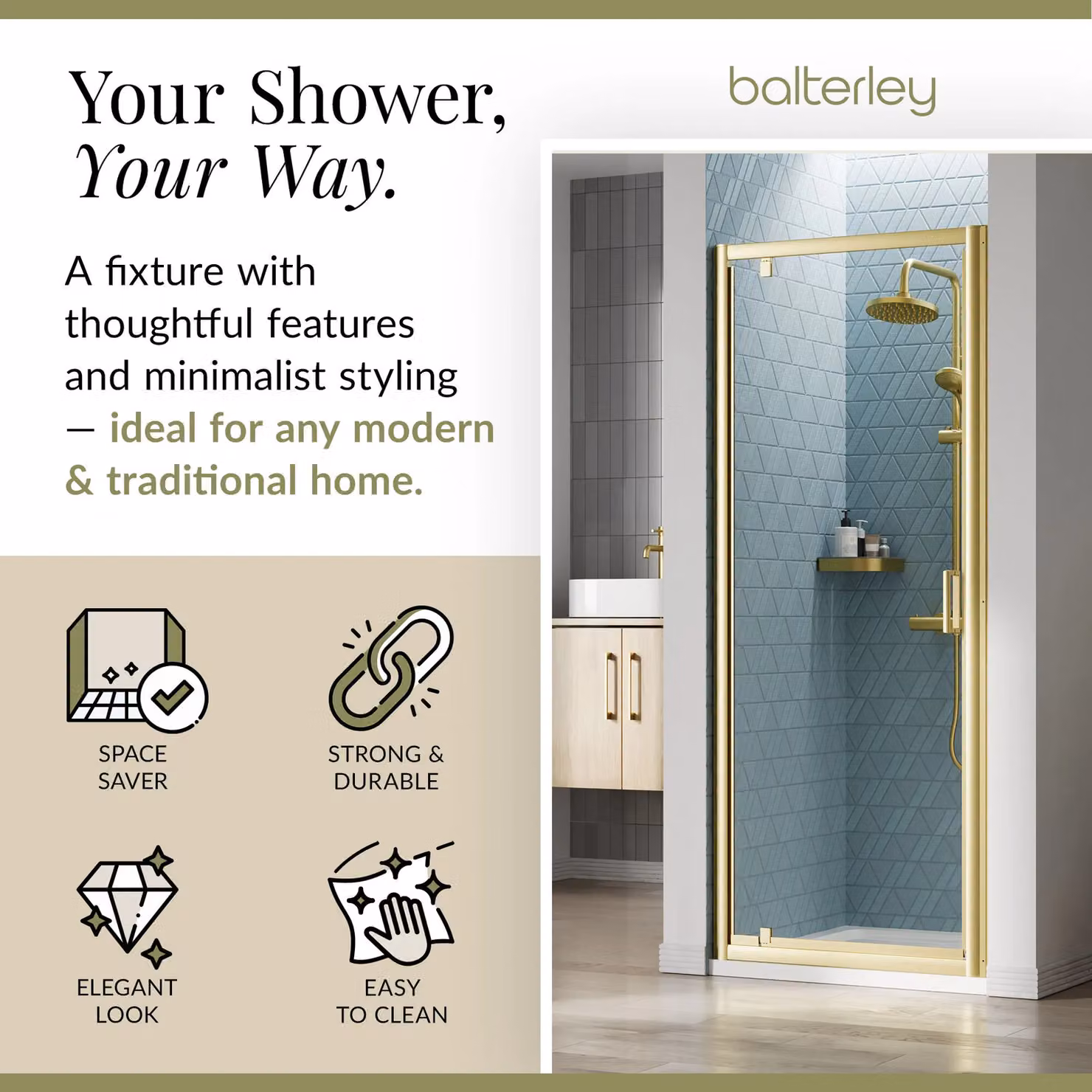 Balterley 6mm Glass Reversible Pivot Shower Door, Brushed Brass, W: 800 mm, H: 1900 mm – 2