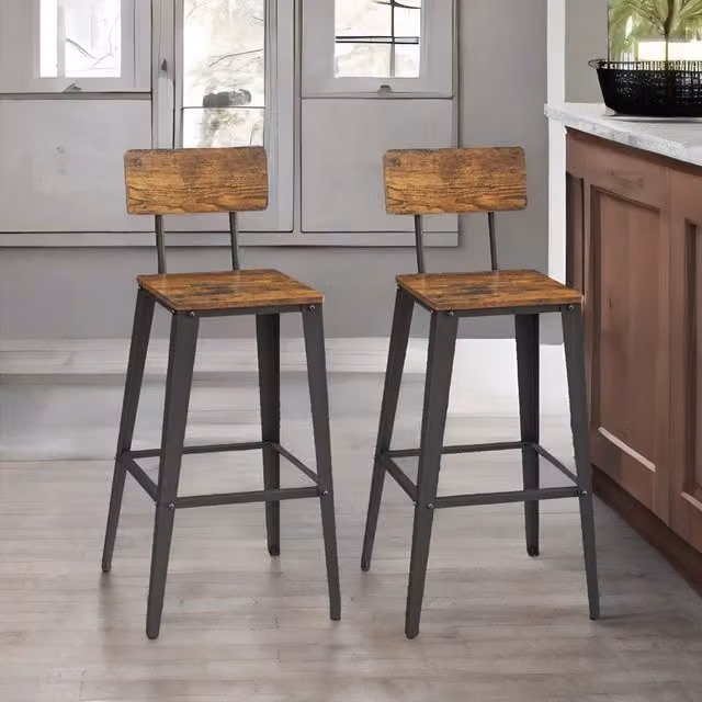 Rafaelo Mobilia Set of 2 Industrial Metal Bar Stools with Backrest in Brown and Black – 1