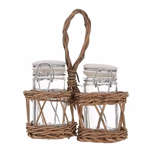 Orsina Refillable Salt and Pepper Set with Willow Basket Stand, Grey and Transparent – 1