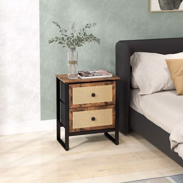 HOMCOM Bedside Table with 2 Rattan Drawers in Rustic Brown