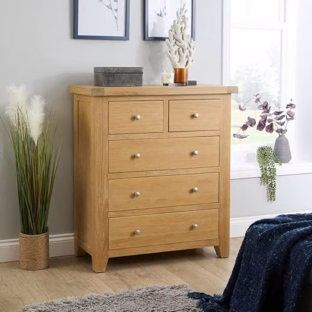Home Source Solid Wood 5 Drawer Bedroom Clothing Storage Organiser in Light Oak, W/D/H: 85 x 40 x 96 cm – 1
