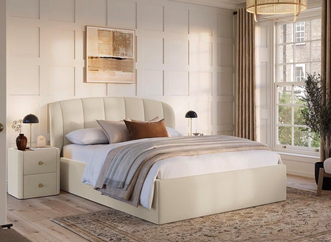 Dreams Amarilla Upholstered Bouclé Ottoman Bed Frame in Beige and Brown