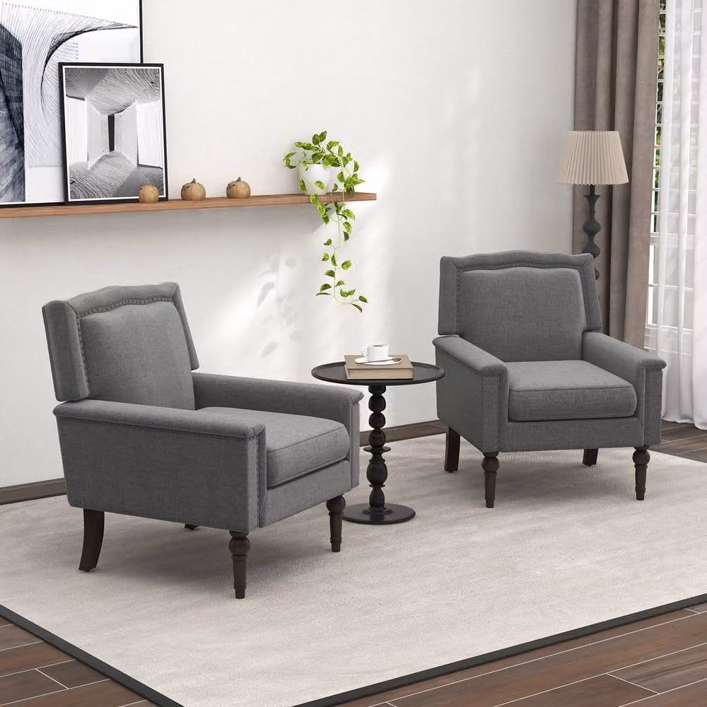 Gymax Set of 2 Grey Linen Upholstered Living Room Tub Chairs with Armrests – 2