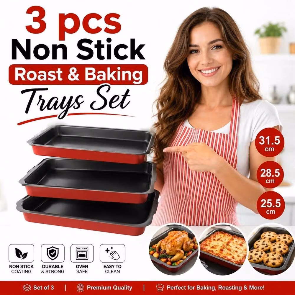 FLAVORA 3 Piece Non Stick Red Carbon Steel Rectangular Baking Tray Set – 2