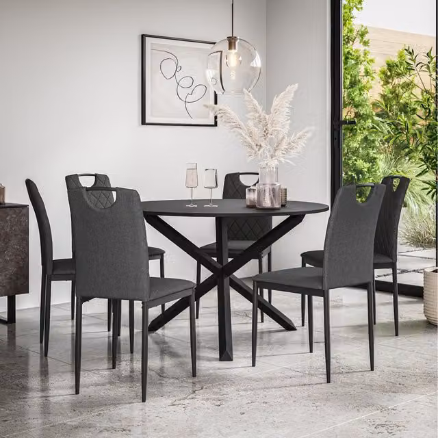 More4Homes Malvern Round Black Dining Table Set with 6 Charcoal Monza Fabric Chairs and Black Oak Legs, Diameter: 120 cm, Height: 75 cm