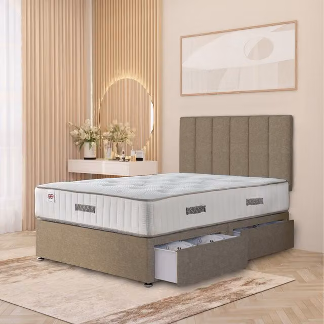 Somnior Beds Ltd Modern Hybrid Divan Bed with Drawers and Upholstered Fabric Frame, Beige/Brown, W/D/H: 180 x 200 cm