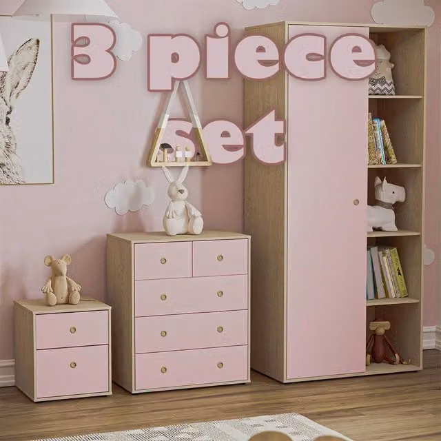 FORGEVIO Modern 5 Drawer Chest of Drawers and Bedside Table Bedroom Set in Pink