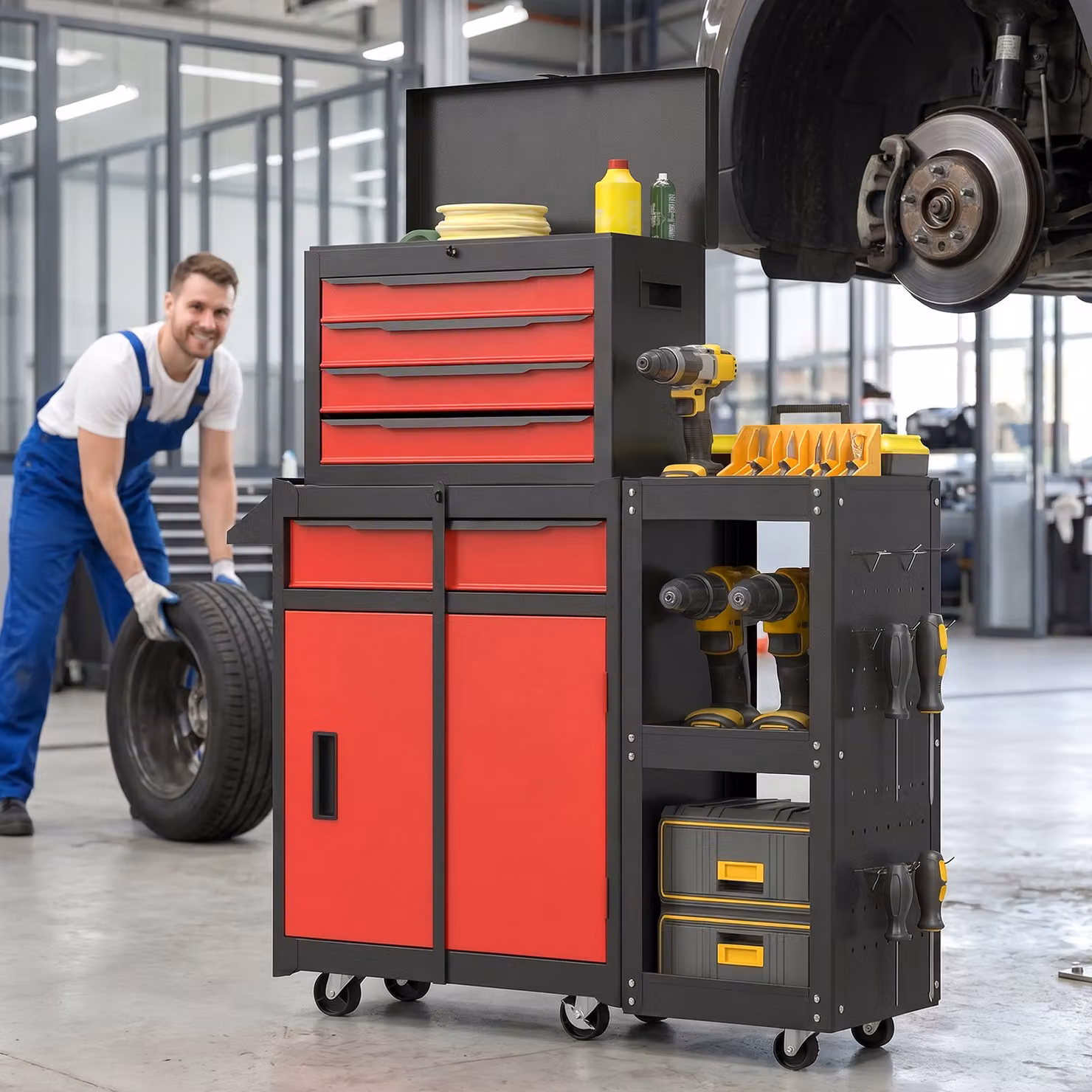 HOMCOM Red Steel Mobile Modular Tool Chest with 5 Drawers, Side Rack, Pegboard and Lock – 2