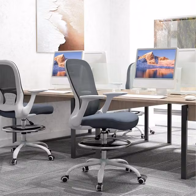 HOMCOM Ergonomic Drafting Chair with Flip-up Armrests and Foot Ring in Grey