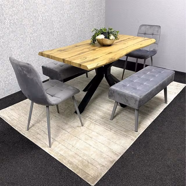Kosy Koala Dakota Dining Set with Velvet Benches in Grey, Brown or Black, Width: 117 cm