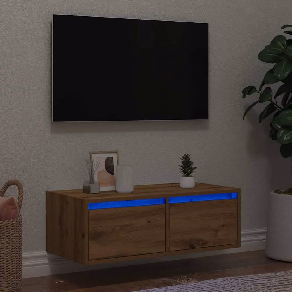 Berkfield Home Artisan Oak TV Cabinet with LED Lights, Brown, W: 75 cm, D: 35.5 cm, H: 25 cm – 2