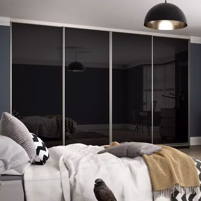 Spacepro Contour Sliding Wardrobe Door Kit with Silver Frame and Black Glass, 762mm