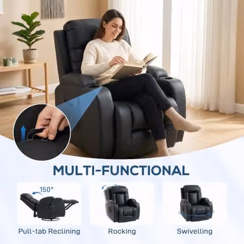 HOMCOM Black Faux Leather Recliner Armchair with Massage, Heat and Cup Holders – 5