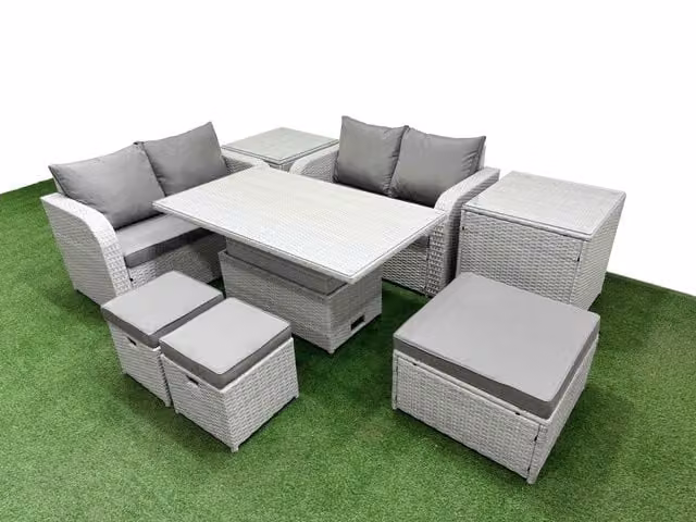 Fimous 7 Seater Rattan Garden Furniture Set in Light Grey with Adjustable Dining or Coffee Table, Ottoman and Side Tables