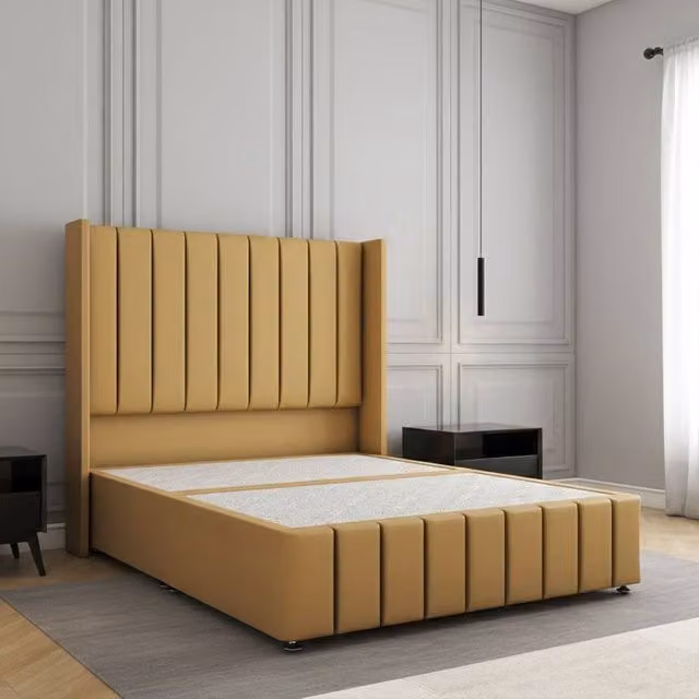 Regional Furnishings Mustard Yellow Velvet Upholstered Small Double Divan Bed with 54 inch Headboard and 12 inch Footboard, W/D/H: 120 x 200 cm