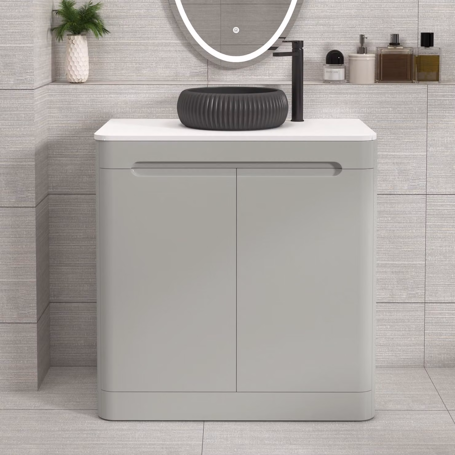 Royal Bathrooms Venice 800mm Floor Standing 2 Door Vanity Unit in Dove Grey with Plain White Worktop and Milan Black Basin