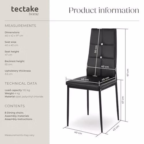 tectake Set of 8 Julien Dining Chairs in Black Synthetic Leather with Metal Frame – 3