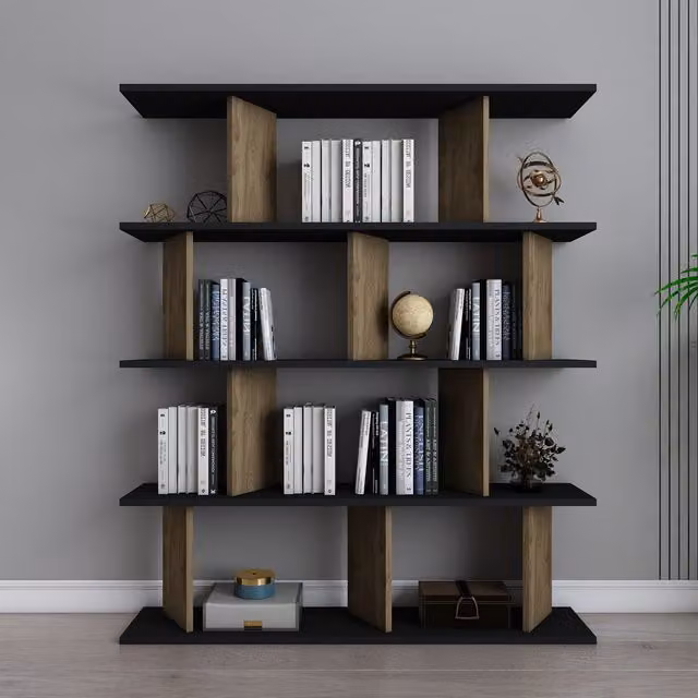 Decorotika Grace 4-Tier Modern Geometric Bookshelf in Black and Oak