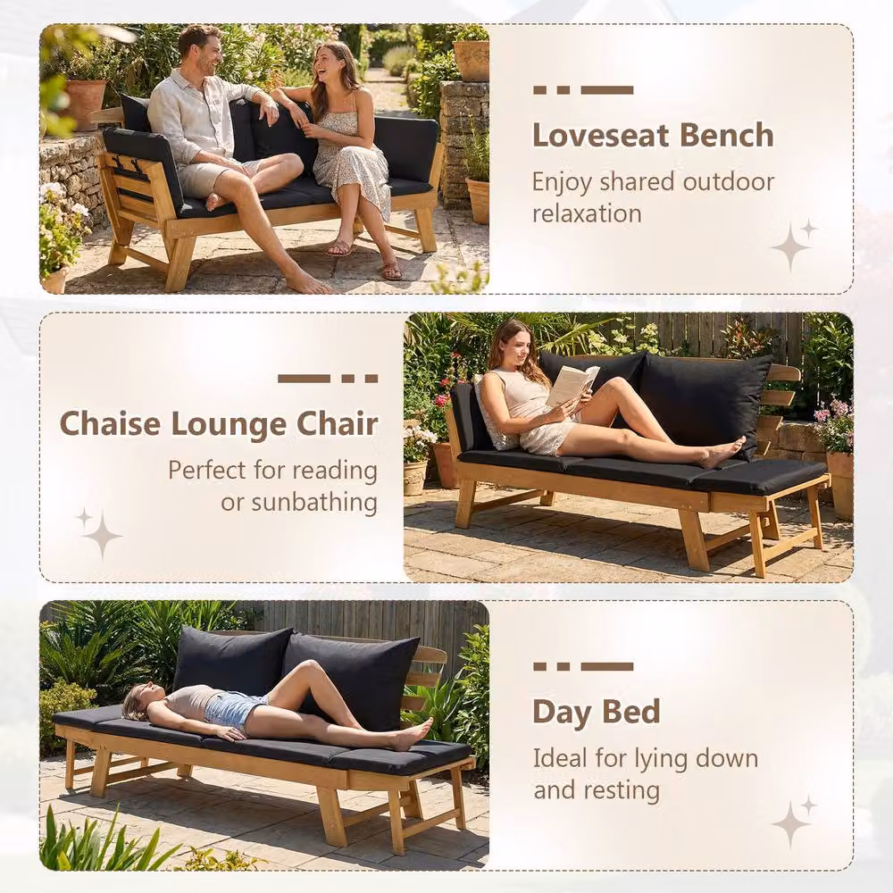Costway Convertible Outdoor Daybed and Patio Sofa Bed with Adjustable Armrests in Black Acacia Wood – 8