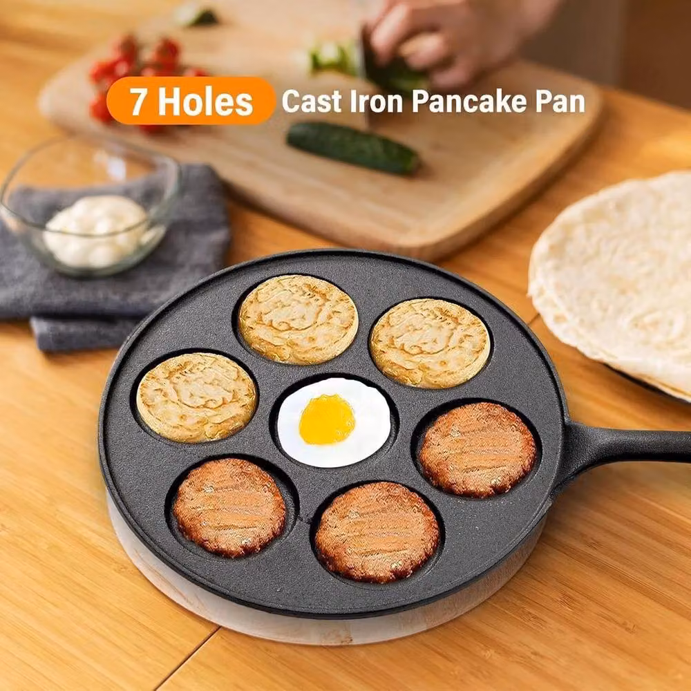 EONLION Black Cast Iron 7 Hole Mini Pancake and Crepe Pan with Long Handle, Diameter: 23 cm – 4