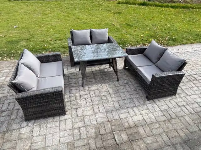Fimous 6 Seater Rattan Wicker Garden Furniture Set with Rectangular Dining Table and Love Seat in Dark Grey