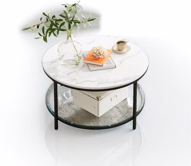 Modcraft Modern Round Marble Storage Coffee Table in White and Black