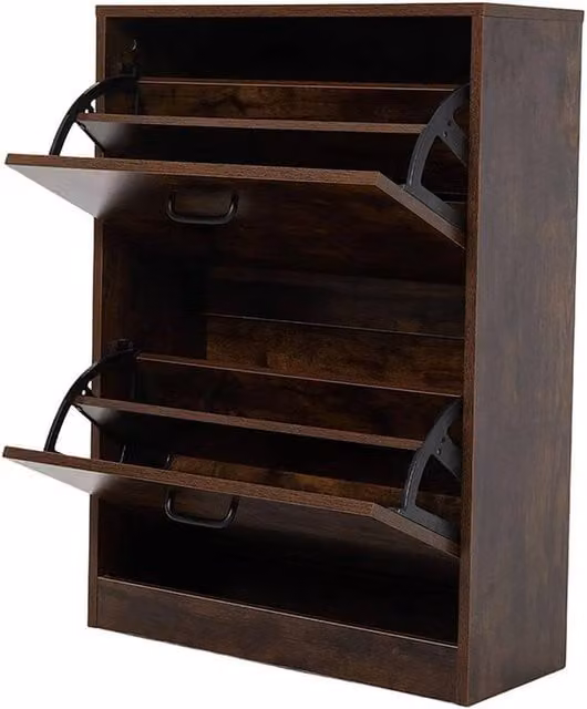 PAWNORA Brown Wooden Shoe Storage Cabinet with Tilting Compartments and Internal Shelves
