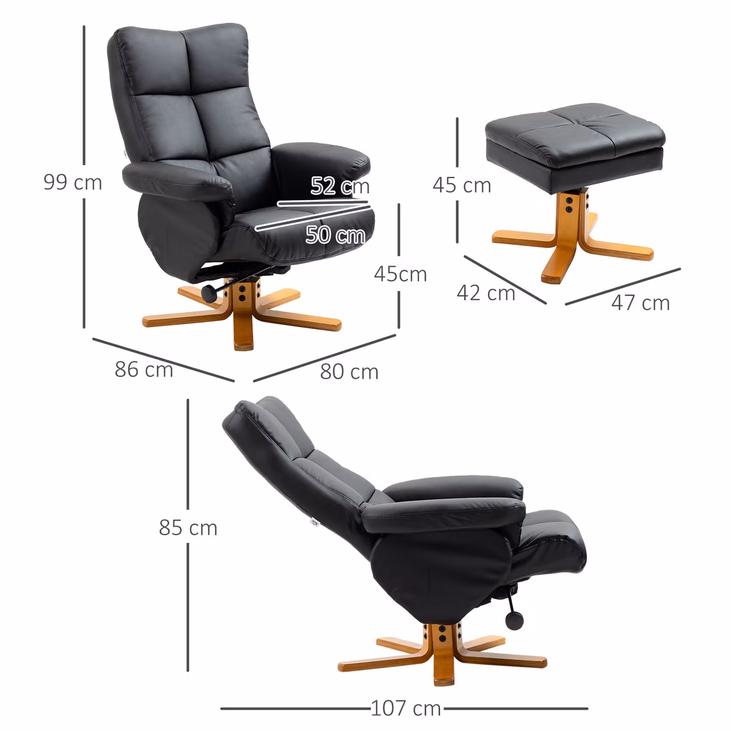 HOMCOM Black Faux Leather Swivel Recliner Chair with Footstool and Storage and Wooden Base – 3