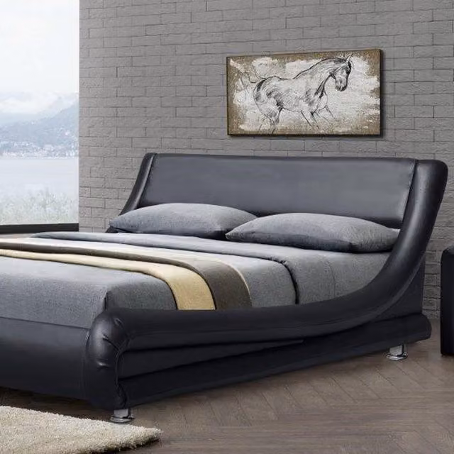 Comfy Living Glamour Upholstered Faux Leather Bed Frame in Black, W/D/H: 180 x 200 cm