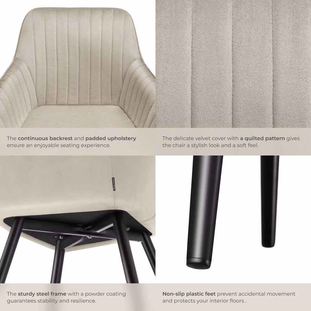 tectake Marilyn Dining Chair Set of 4 in Beige and Black with Velvet Upholstery – 4