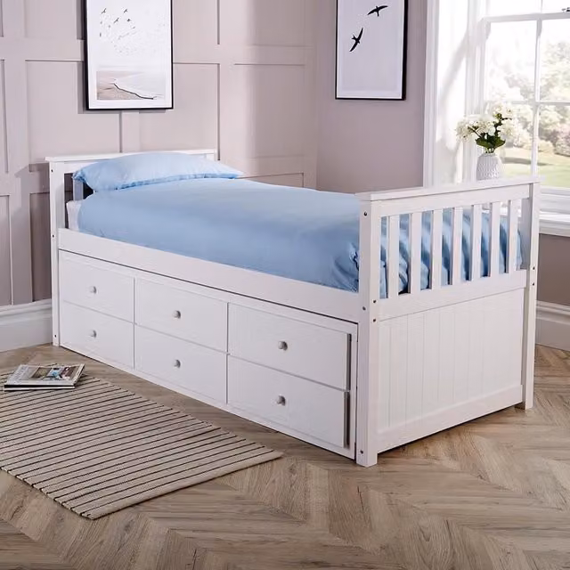Home Source Florida White Solid Wood Pine Cabin Bed for Children with Drawers