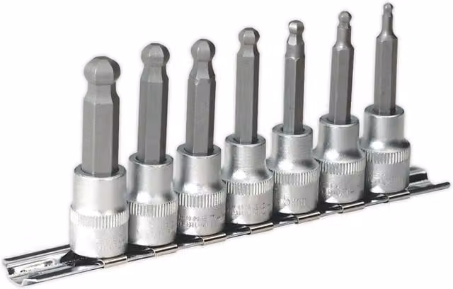Loops 7-Piece Ball-End Hex Socket Bit Set, 3/8 inch Square Drive, Silver Chrome Vanadium Steel