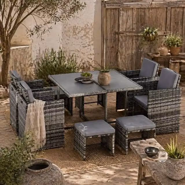 Wyld Haus Vidiva Viha 8 Seater Outdoor Dining and Seating Set in Grey Faux Rattan with Glass Top Table