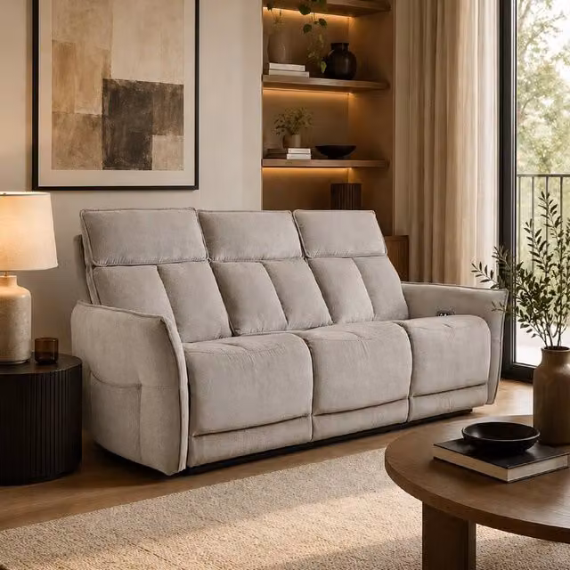 Aspire Grayson Three Seater Fabric Upholstered Power Recliner Sofa with USB Charging in Beige – 1