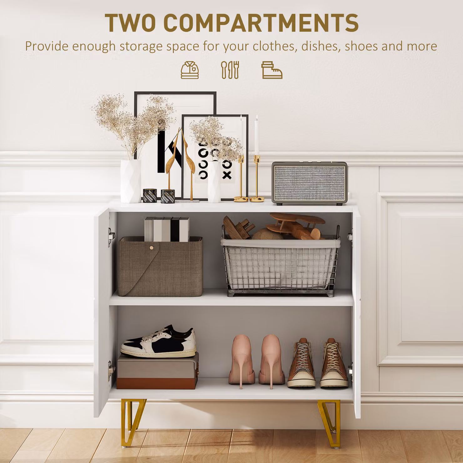HOMCOM Modern Luxe High Gloss Sideboard in White and Gold with Hairpin Legs – 3