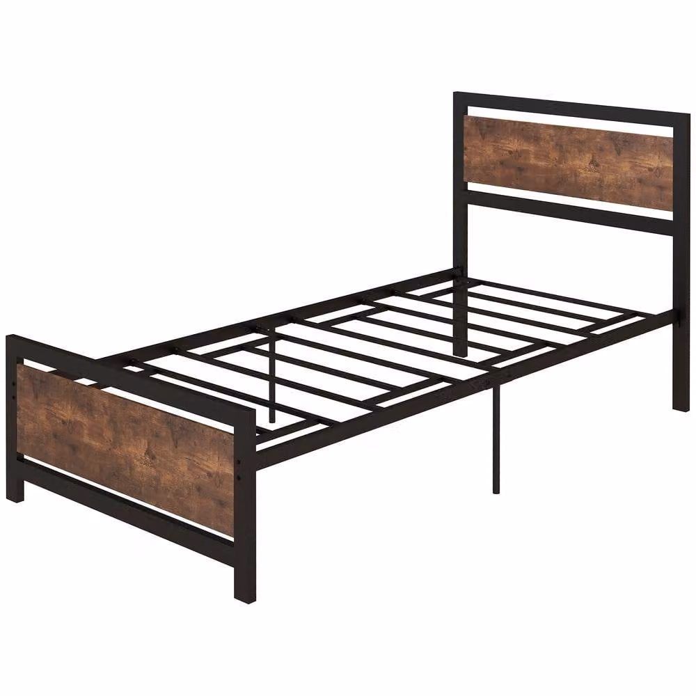 ERGOVEXA Single Metal Bed Frame with Headboard in Black and Brown, W/D/H: 90 x 190 x 103 cm – 2
