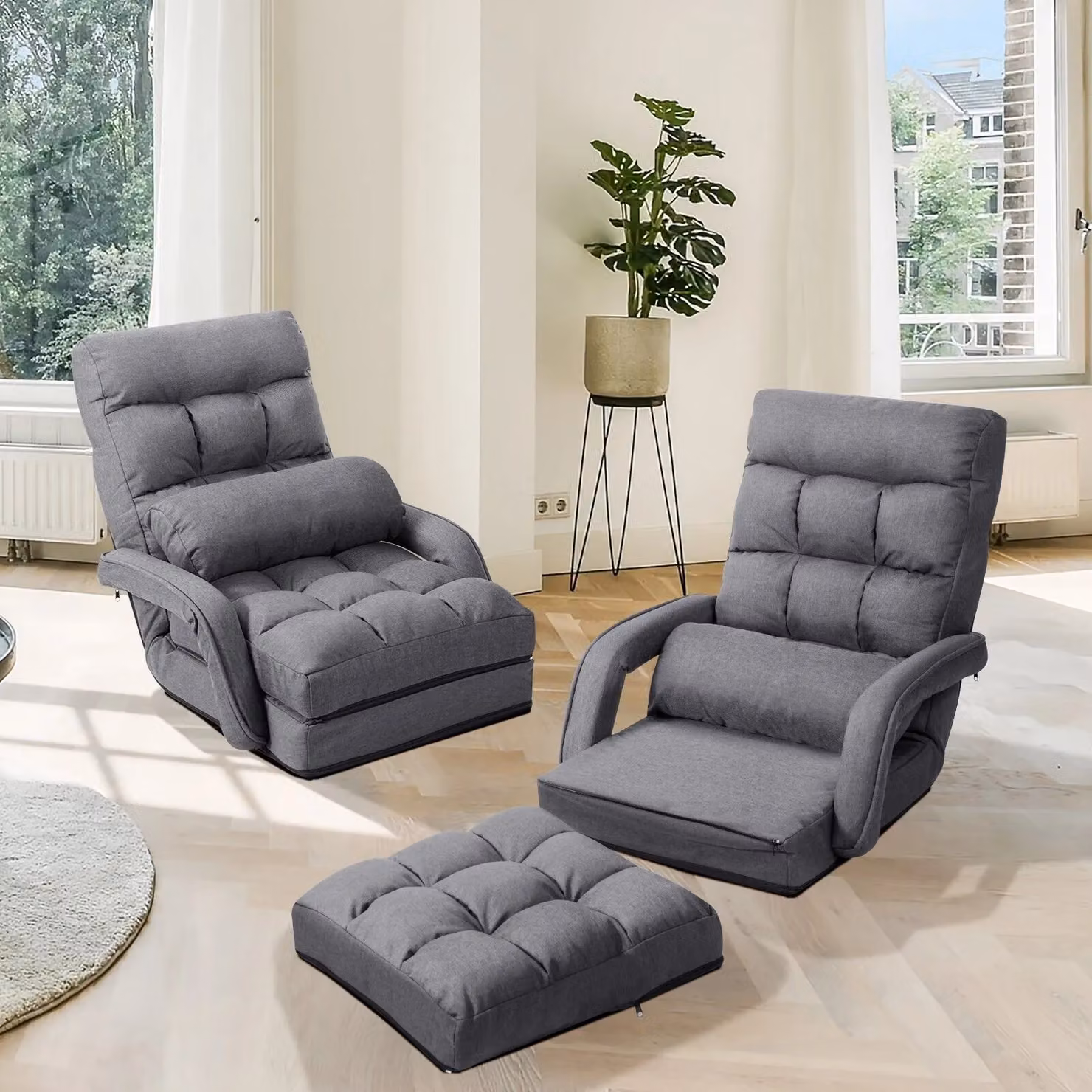 Gymax Grey Folding Lazy Sofa Floor Padded Gaming Chair with Armrests and Headrest – 4