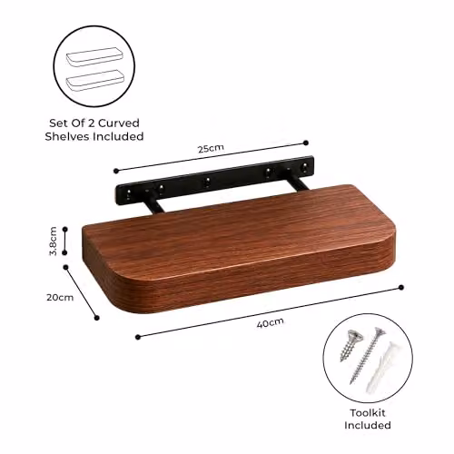 Innoteck Set of 2 Walnut Wooden Floating Wall Shelves with Rounded Edges, 40 cm – 3