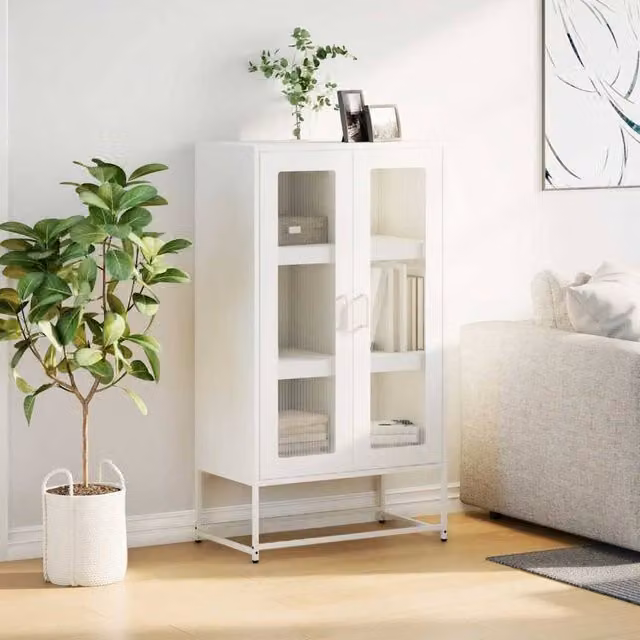 Berkfield Home White Steel Highboard with Glass Hinged Doors, W/D/H: 68 x 39 x 123 cm – 1