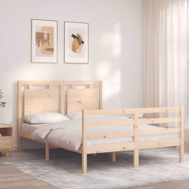 Berkfield Home Beautiful Solid Wood Bed Frame with Headboard in Light Oak, W/D/H: 120 x 200 cm