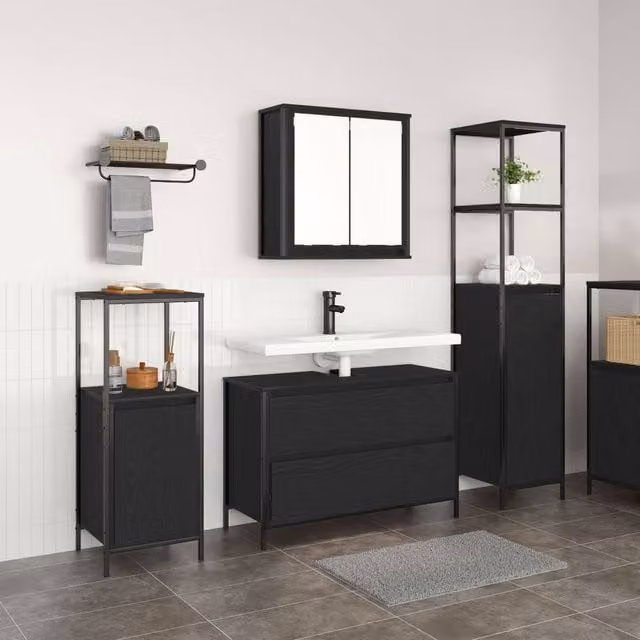 Berkfield Home 3 Piece Modern Black Oak Bathroom Furniture Set with Vanity Unit and Internal Shelves – 1