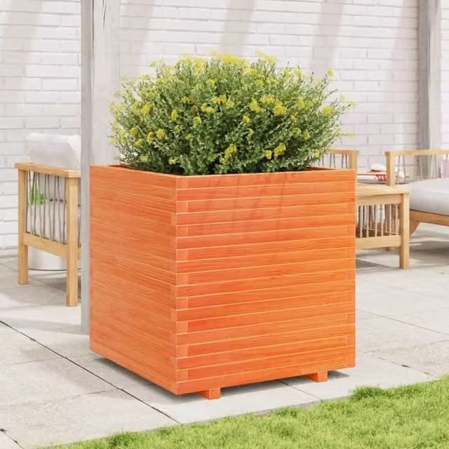 Berkfield Home Beautiful Garden Planter Tub in Brown Solid Wood, W/D/H: 70 x 70 x 72.5 cm