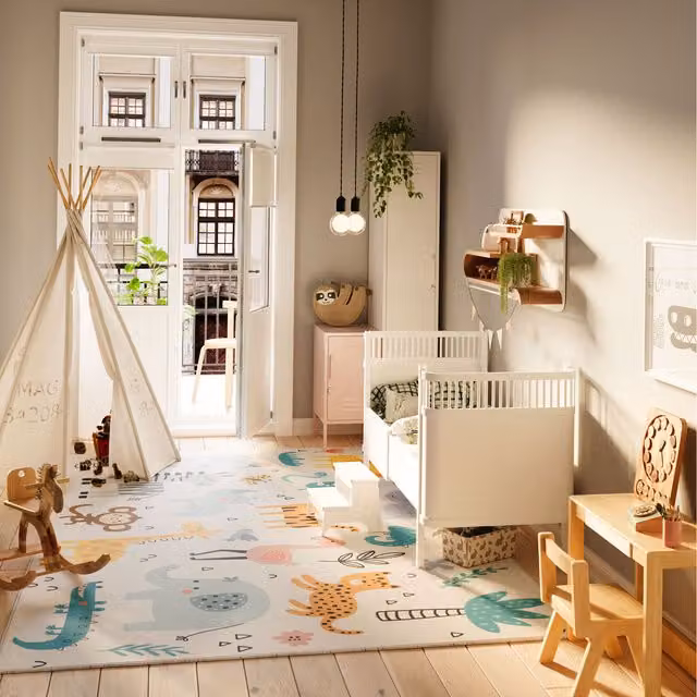 The Rug House Kids Animal Print Washable Rectangular Rug, Multicolour (White, Orange, Blue), W: 190 cm, L: 280 cm