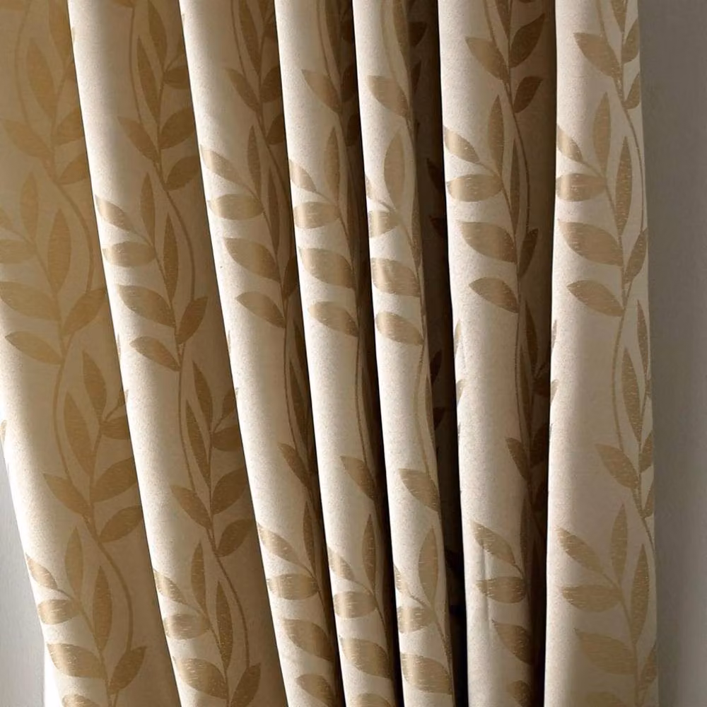 Luxury Living Beige Jacquard Leaf Floral Ring Top Curtains, Fully Lined Silk Look, Width: 117 cm, Drop: 137 cm – 3